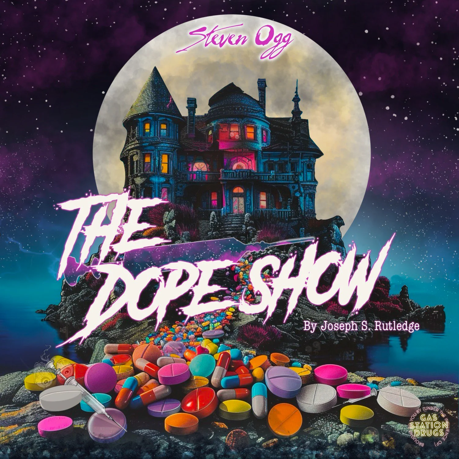 The showcard for The Dope Show. A house tangled in a veiny mess of multicolored strands sits on the edge of a needle in the center of the composition. The show's title 'The Dope Show' appears just over the barrel of the syringe in the middle-right.