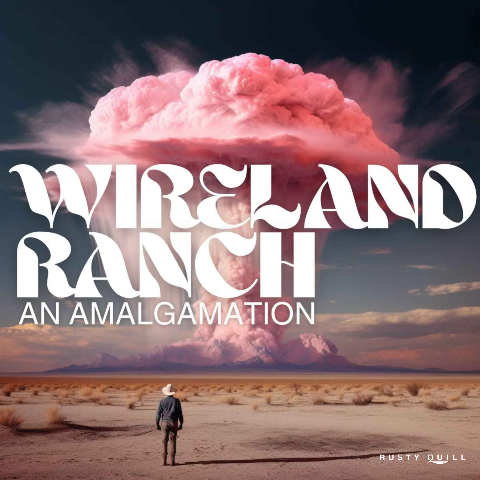 The showcard for Wireland Ranch. A man stands in the foreground, looking out at a mountain on the horizon, over which a massive pink mushroom cloud is blotting out the sky.