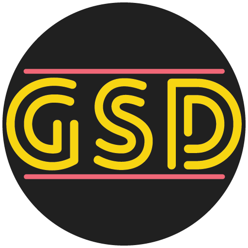 Gas Station Drugs logo, a yellow glowing GSD initialism with a salmon colored bar above and below