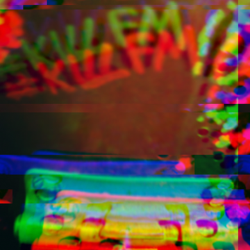 The showcard for KillFM. The words KillFM appear in the upper third, with the lower third being occupied by a closeup shot of the top of a typewriter with several afterimages in different colors superimposed.